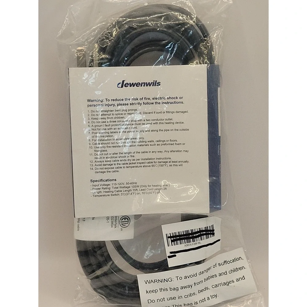 New Dewenwils 15Ft. Pipe Heat Cable #JHSD-105-1 Sku #HPHC15A Pipe Freeze Protec